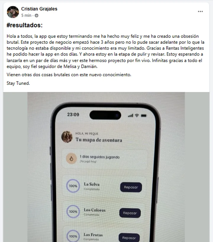 Testimonio Cristian Grajales Rentas Inteligentes Melissa Escobar Testimonio de Cristian Grajales en Rentas Inteligentes: creó su app educativa infantil con IA en dos días